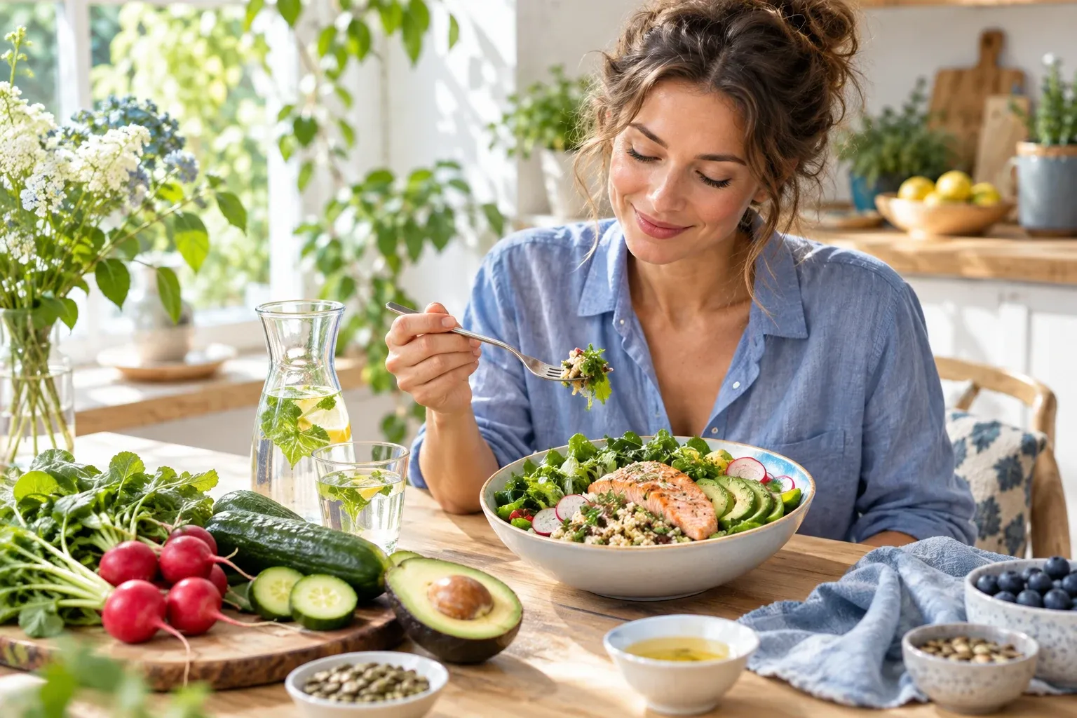 Vrouw eet gezonde salade met zalm, avocado, komkommer en groenten aan tafel