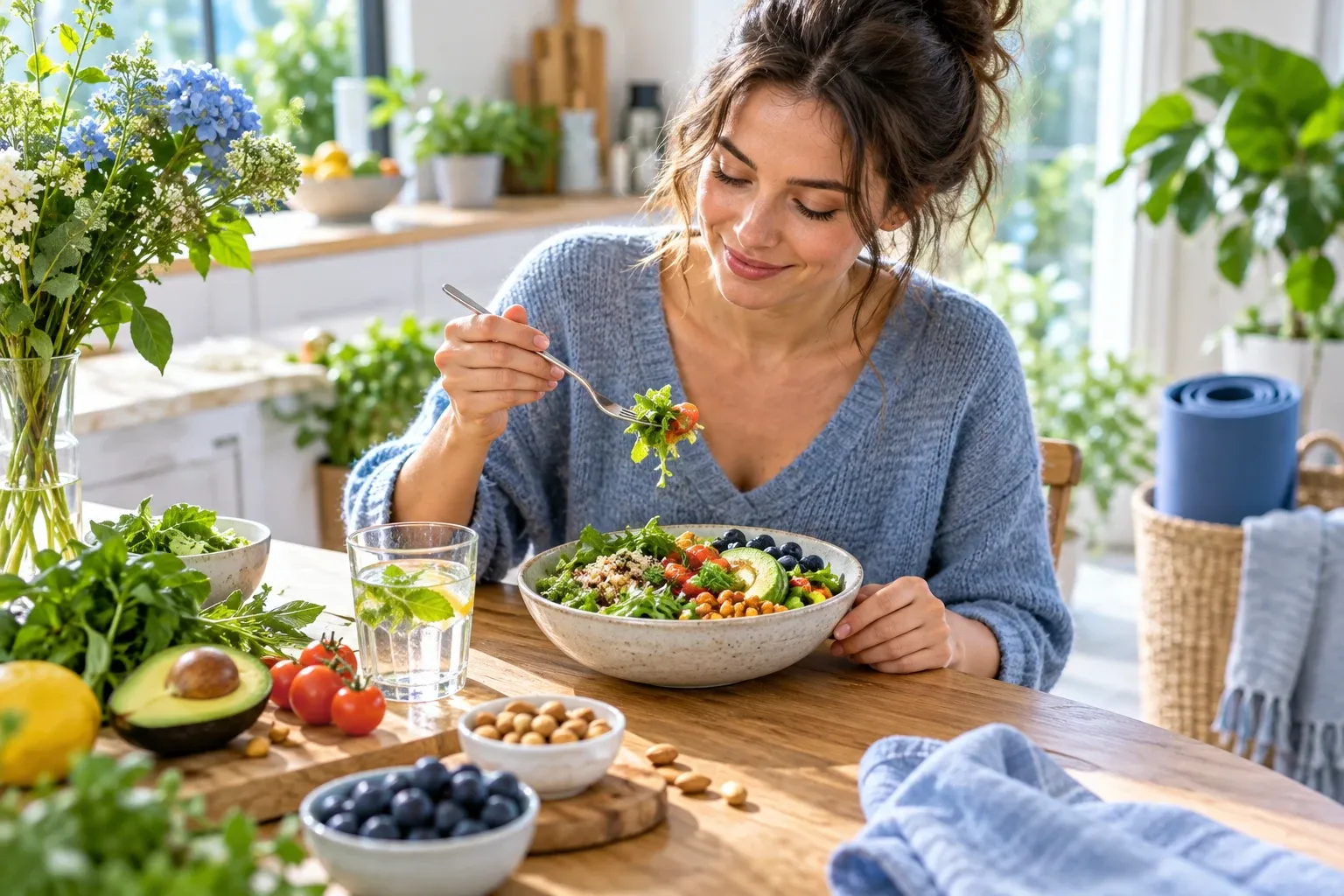 Vrouw eet kleurrijke salade met avocado, kikkererwten en bosbessen aan tafel