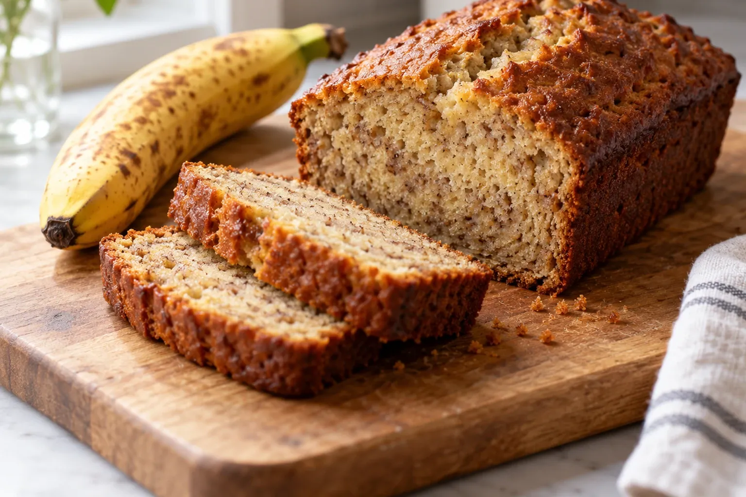 Plakkerig warm bananenbrood in plakken op snijplank naast rijpe banaan