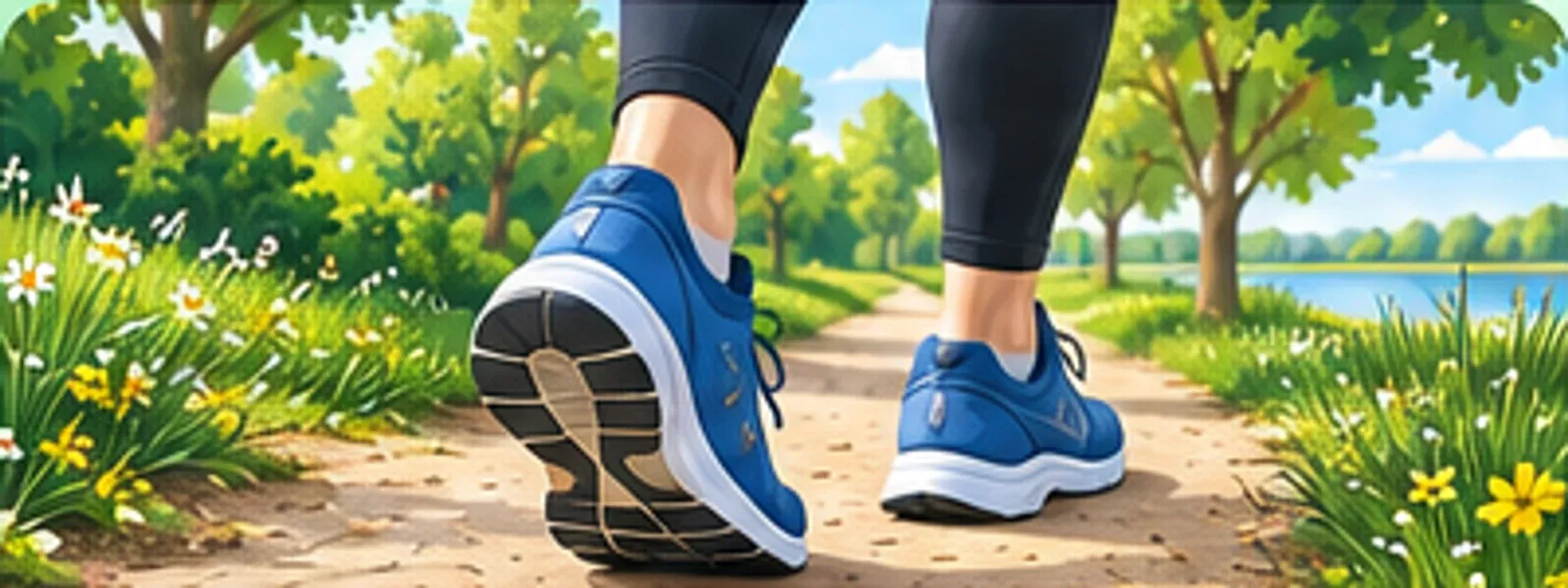Blauwe wandelschoenen op een pad tussen bloemen en groene bomen