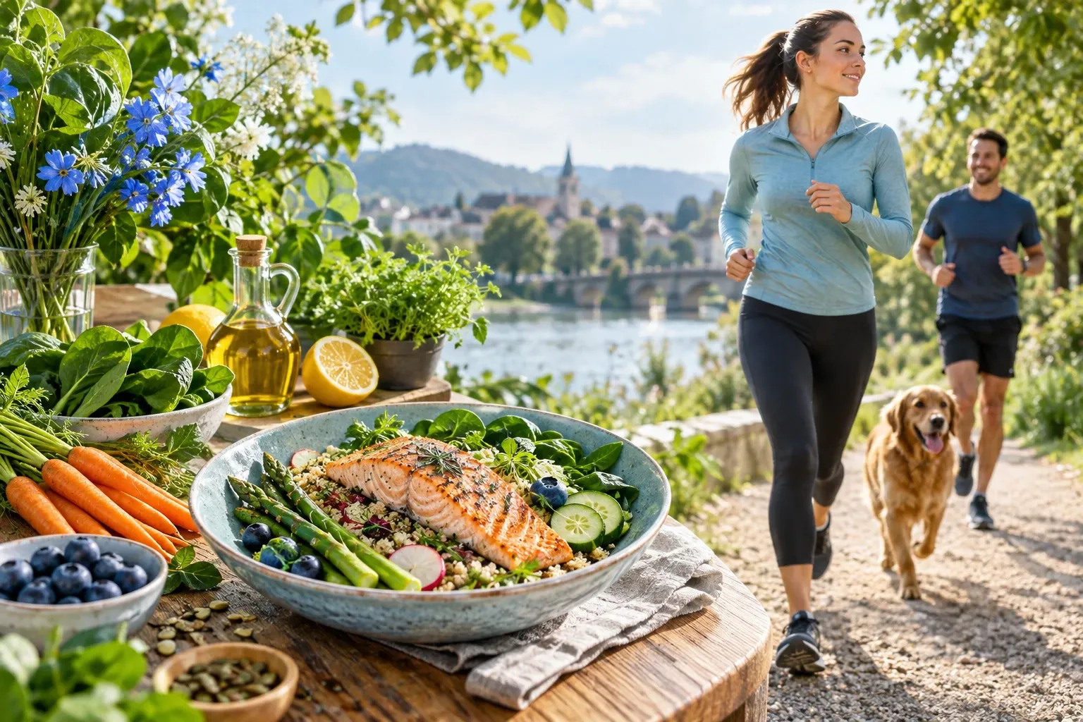 Vrouw en man joggen langs meer met hond, voorgrond gezonde salade met zalm, asperges, groenten