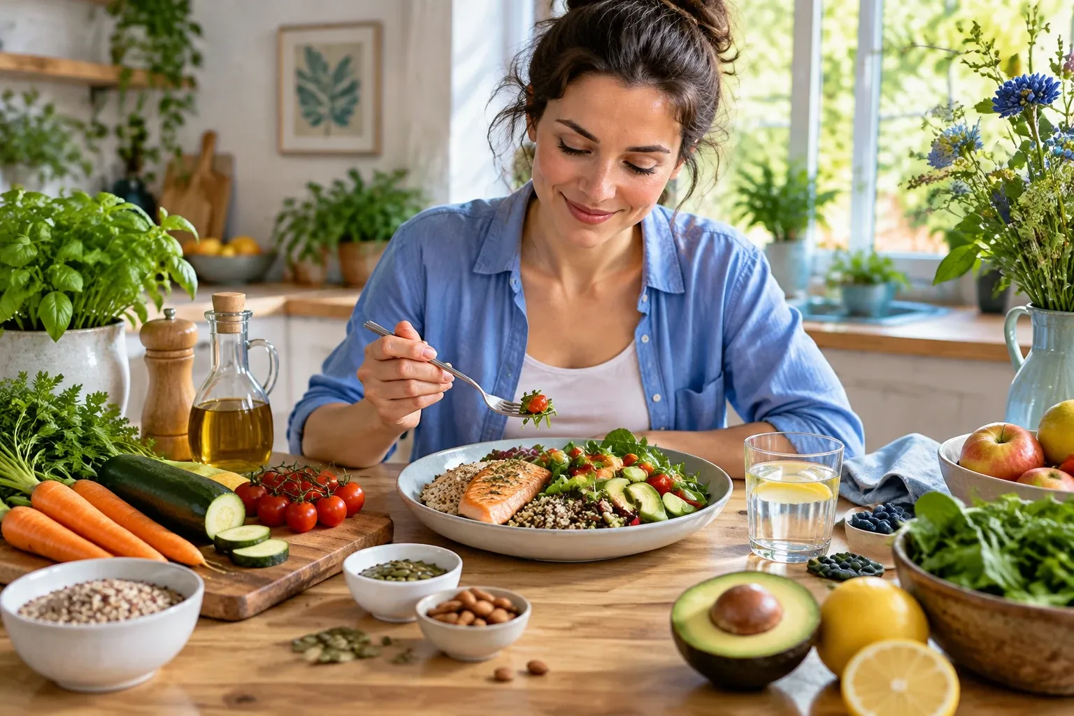 Vrouw eet kom met zalm, quinoa, groenten aan licht keukenaanrecht