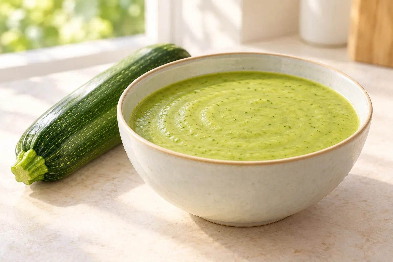 Romige groene courgettesoep in kom op aanrecht met twee courgettes erbij
