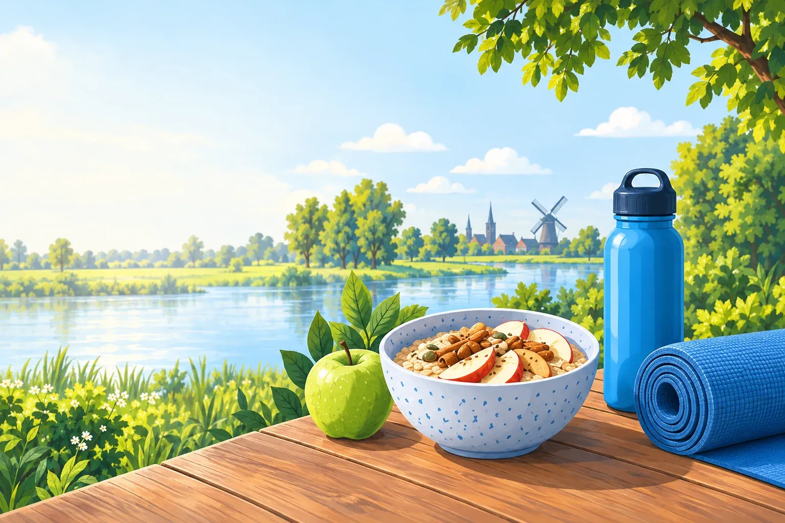 Kom havermout, appel, blauwe waterfles en yogamat voor een park met meer.