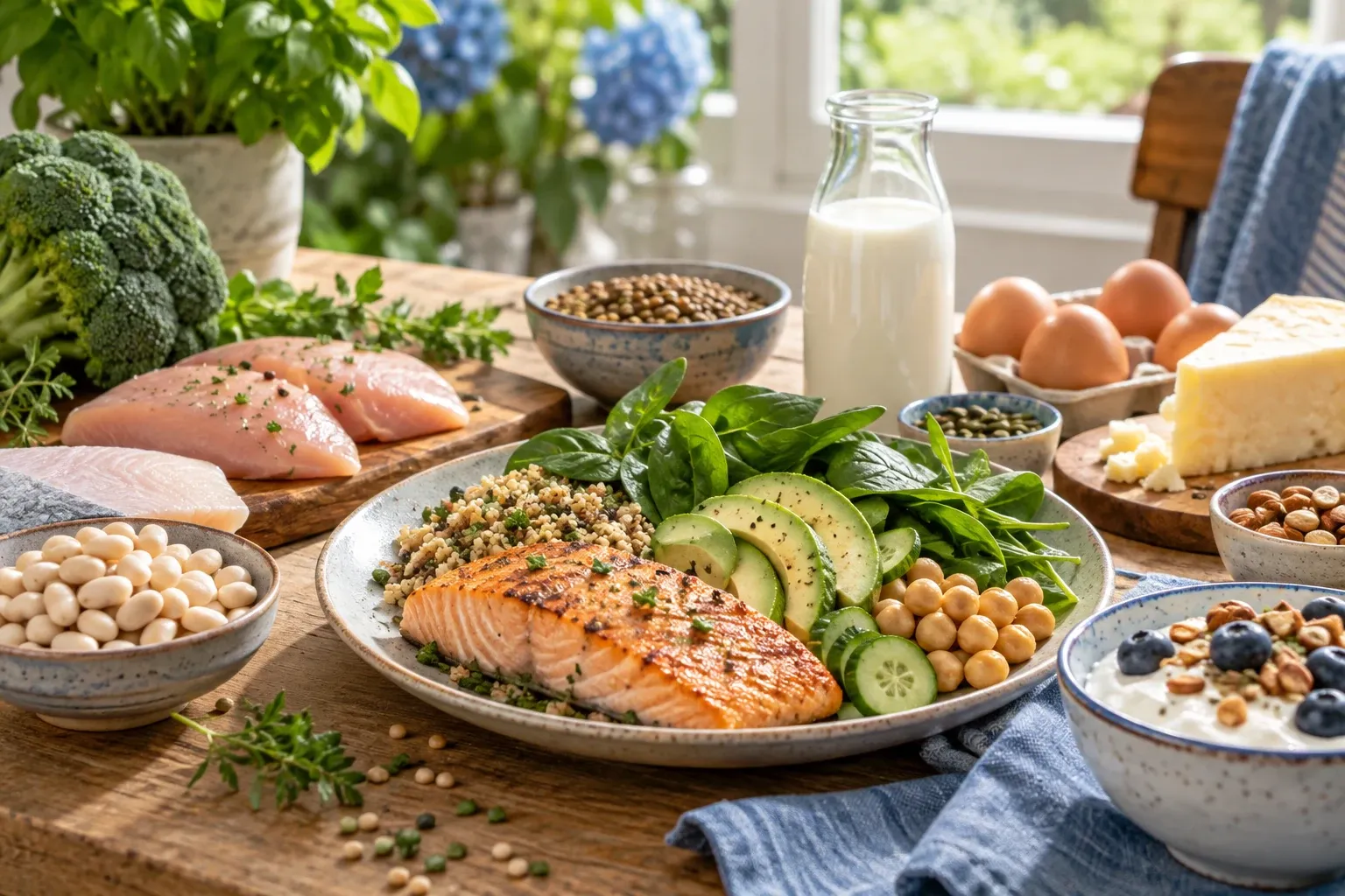 Gegrilde zalm met quinoa, avocado, spinazie en kikkererwten op bord