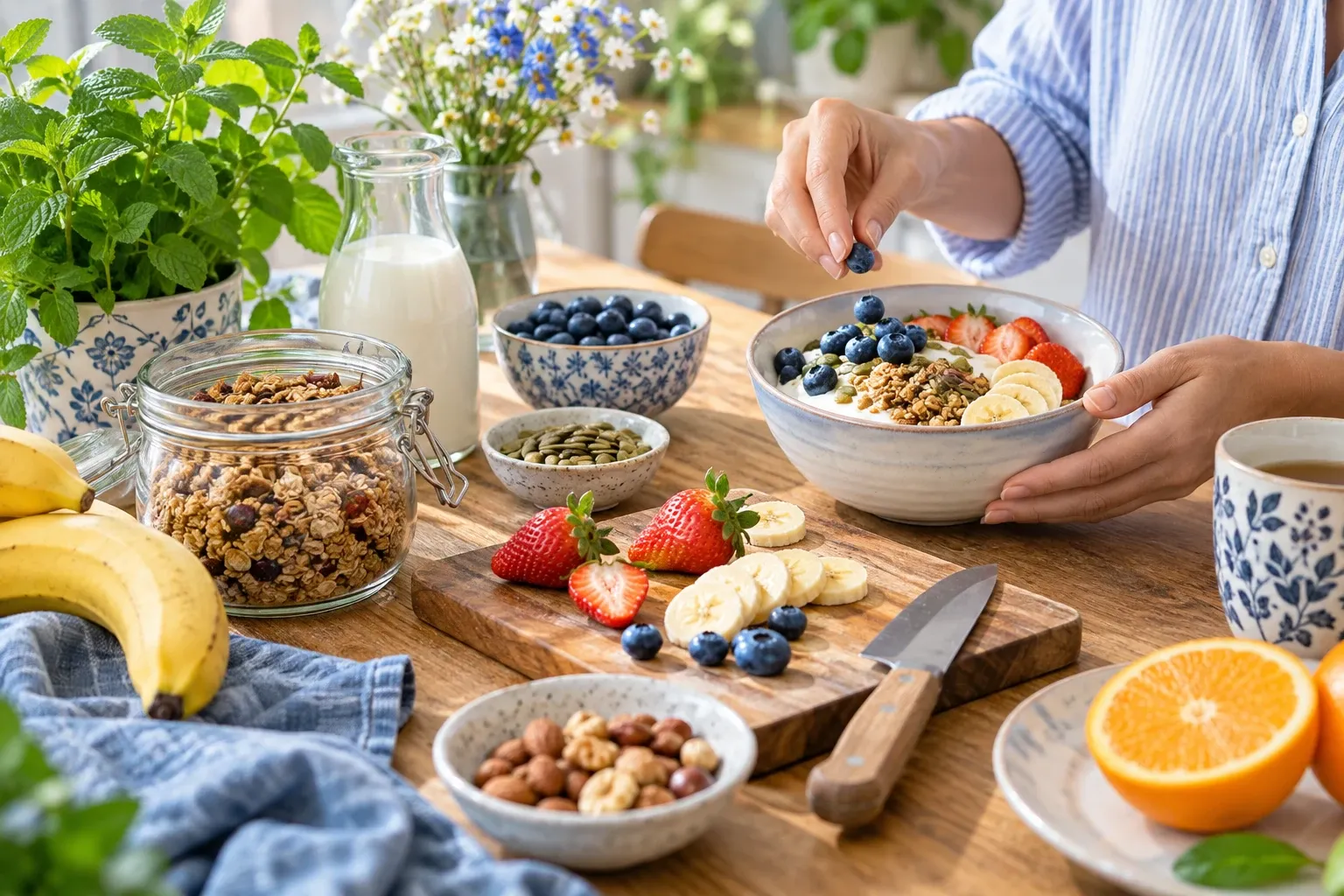 Hand die ontbijtkom met yoghurt, granola, banaan, aardbei en blauwe bessen aansiert