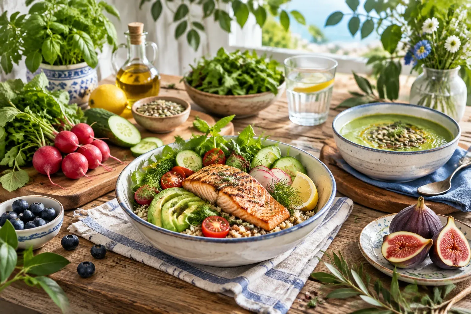 Komkommersalade met gegrilde zalm, avocado, cherrytomaatjes en saladegranen