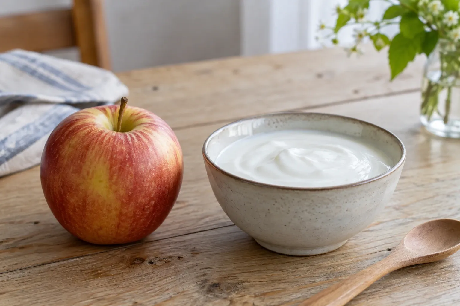 Rode appel naast kom yoghurt op houten tafel, houten lepel en vaasje met bloemen