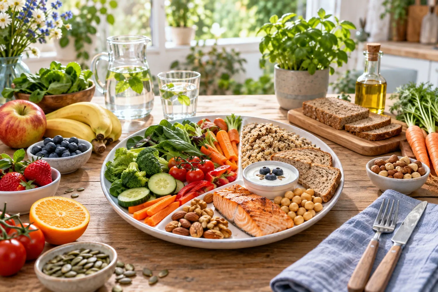 Grote schaal met salade, groenten, volkorenbrood, zalm, quinoa en noten, licht invallend daglicht