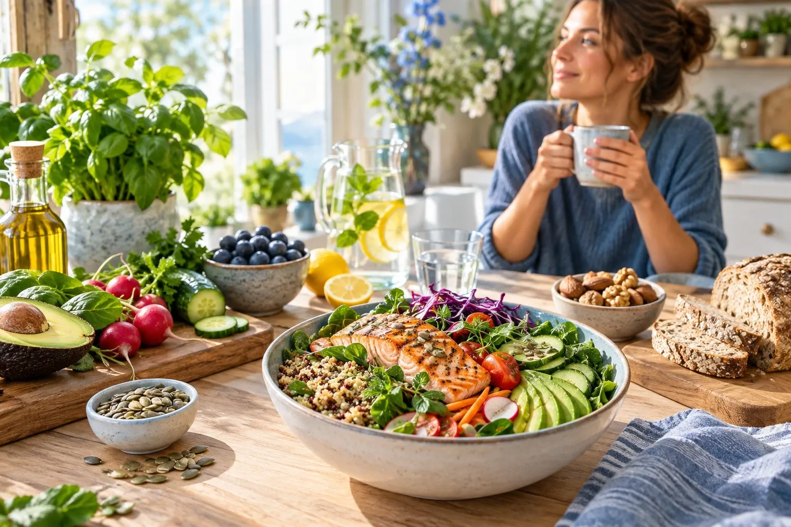 Vrouw geniet van thee bij tafel met kleurrijke salade, avocado, noten en volkorenbrood