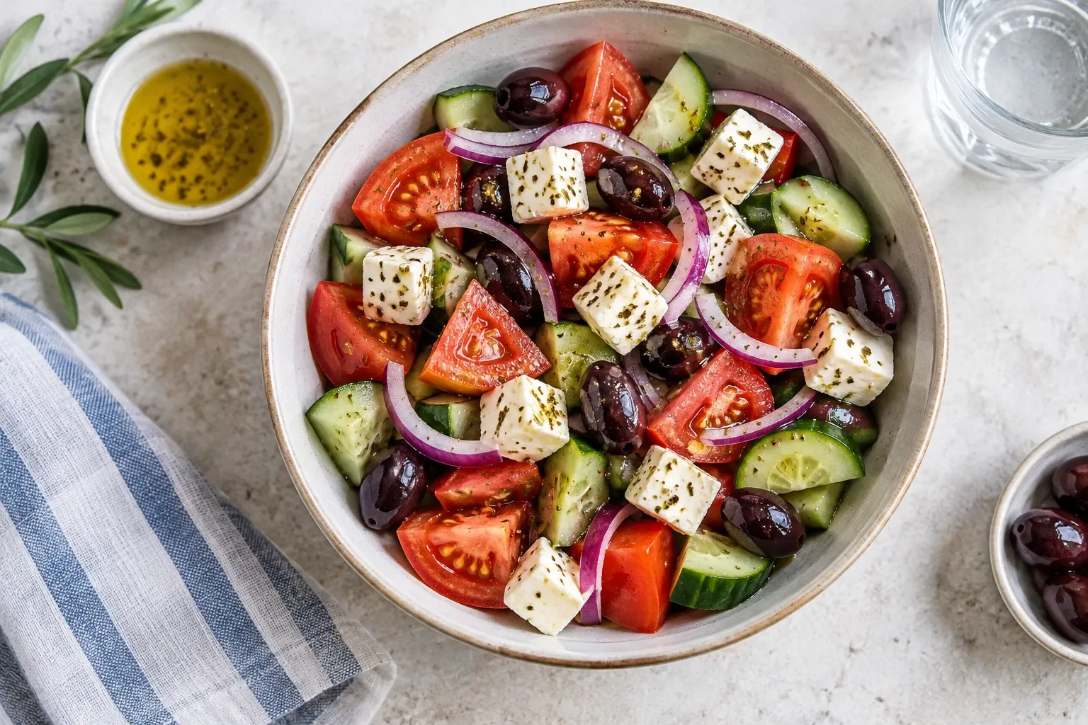 Griekse salade met tomaat, komkommer, fetablokjes, rode ui en zwarte olijven, lichte dressing