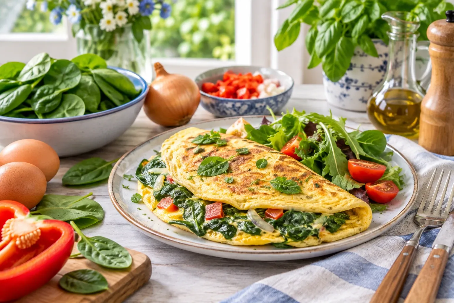 Gouden groenteomelet met spinazie en paprika, geserveerd met gemengde sla en tomaat