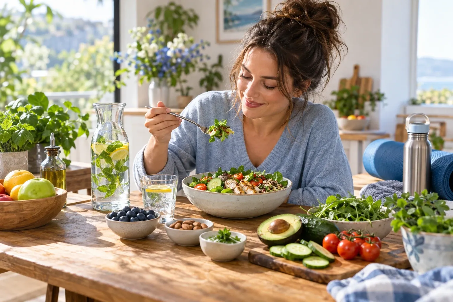 Vrouw aan houten tafel geniet van groentensalade met avocado, komkommer en noten