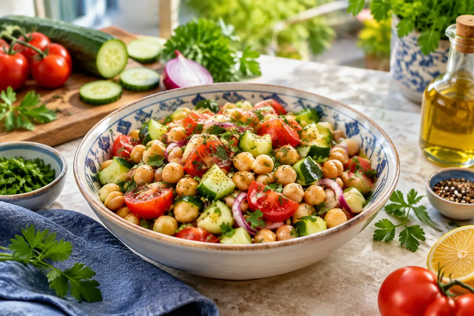 Kikkererwtensalade met komkommer, cherrytomaatjes, rode ui en verse peterselie