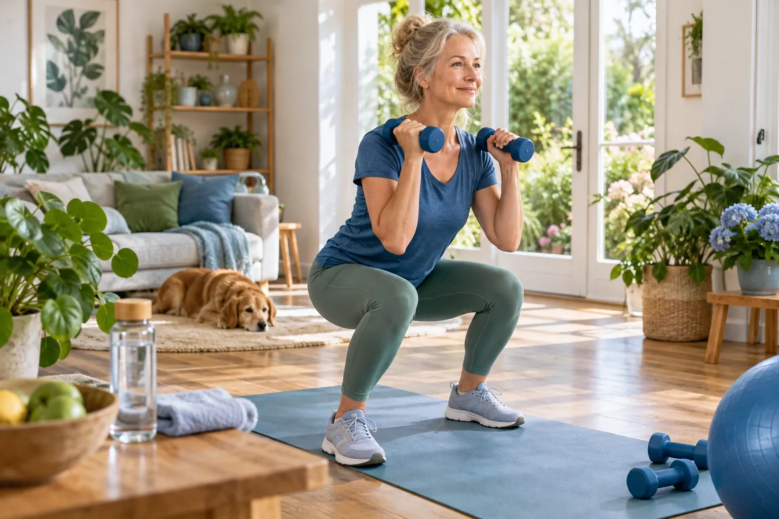 Vrouw doet squat met lichte dumbbells op yogamat in zonnige woonkamer