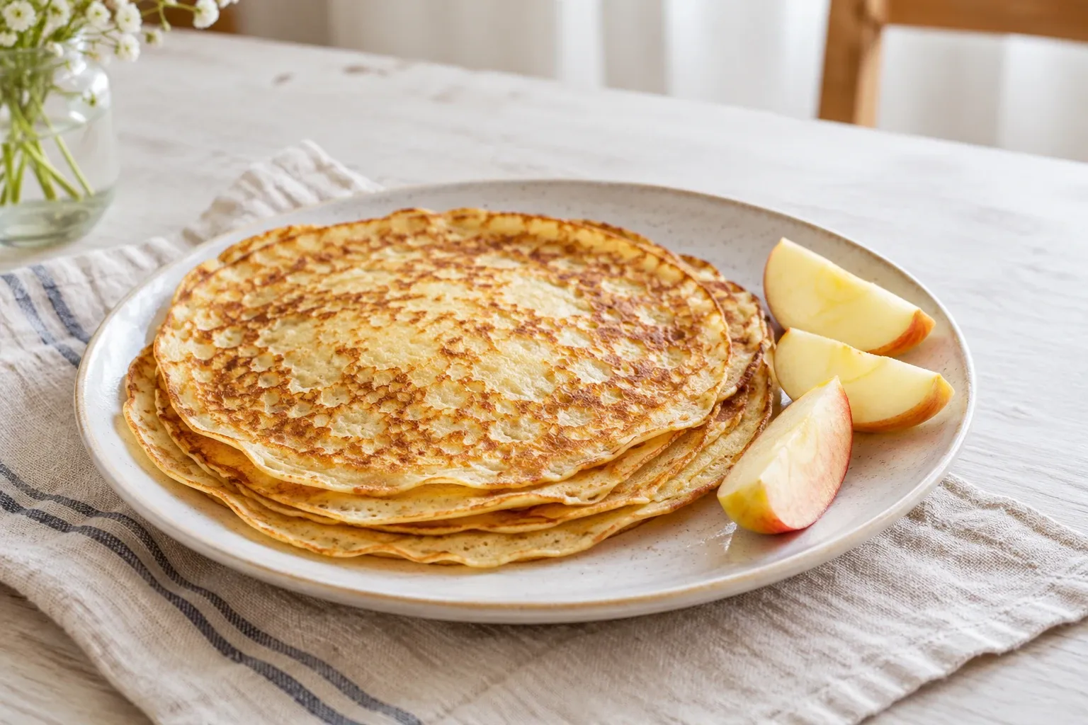 Stapel goudbruine pannenkoeken op bord met appelschijfjes, licht en witte achtergrond