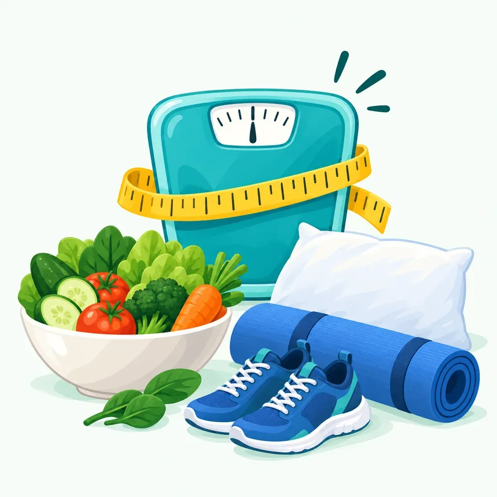 Weegschaal met meetlint, kom met groenten, sportmat en hardloopschoenen voor gezond gewichtsverlies
