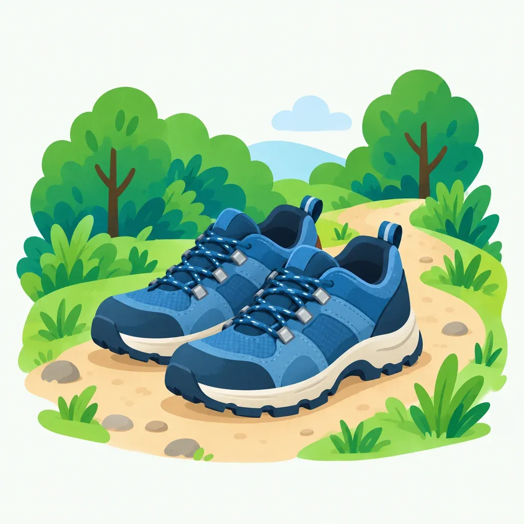 Blauwe wandelschoenen op een zandpad in groene bosachtige omgeving