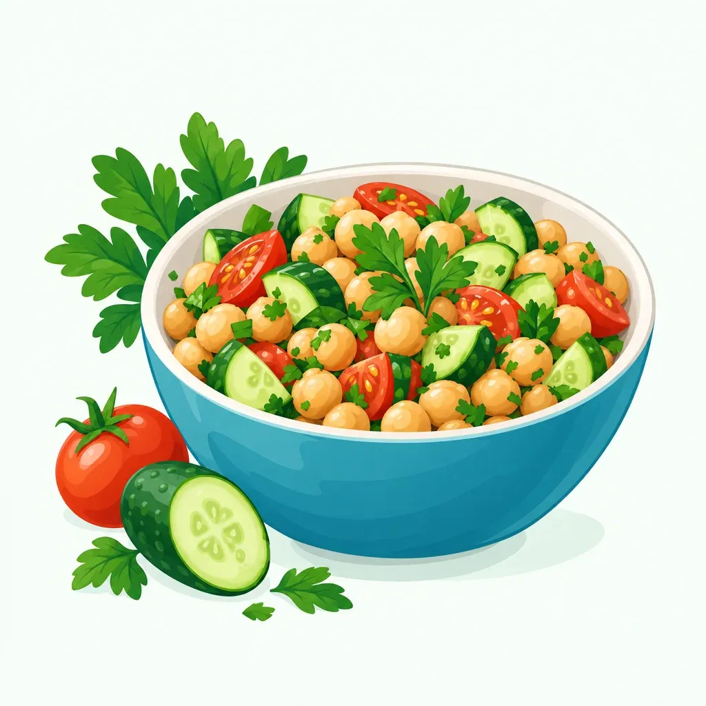 Komkommers, cherrytomaten, peterselie en kikkererwten in blauwe kom