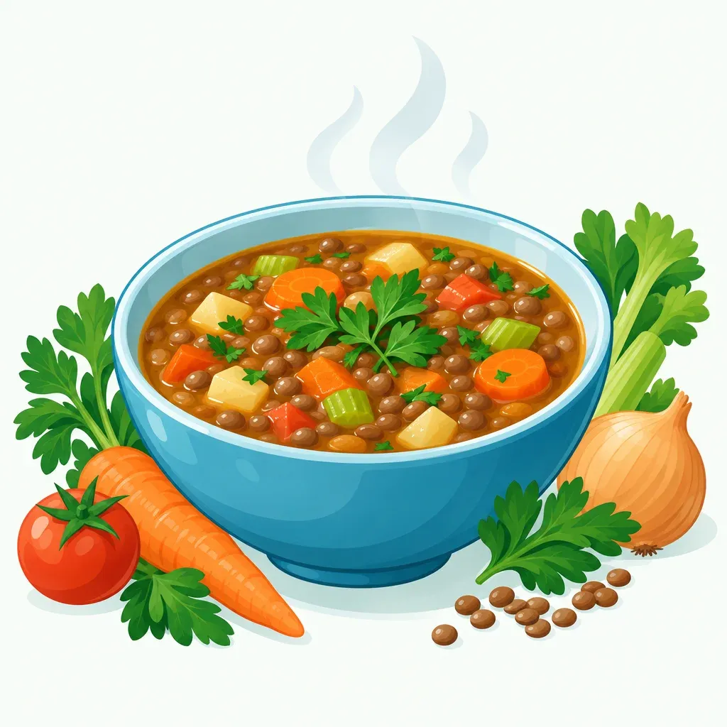 Kom warme linzensoep met wortel, selderij, aardappel en peterselie in kom