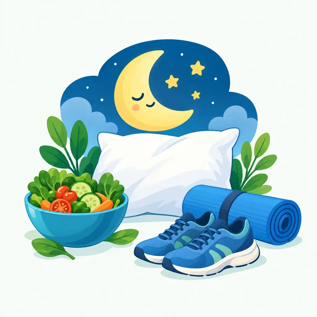 Kussens en maanillustratie, bowl met salade, sportschoenen en yogamat naast elkaar