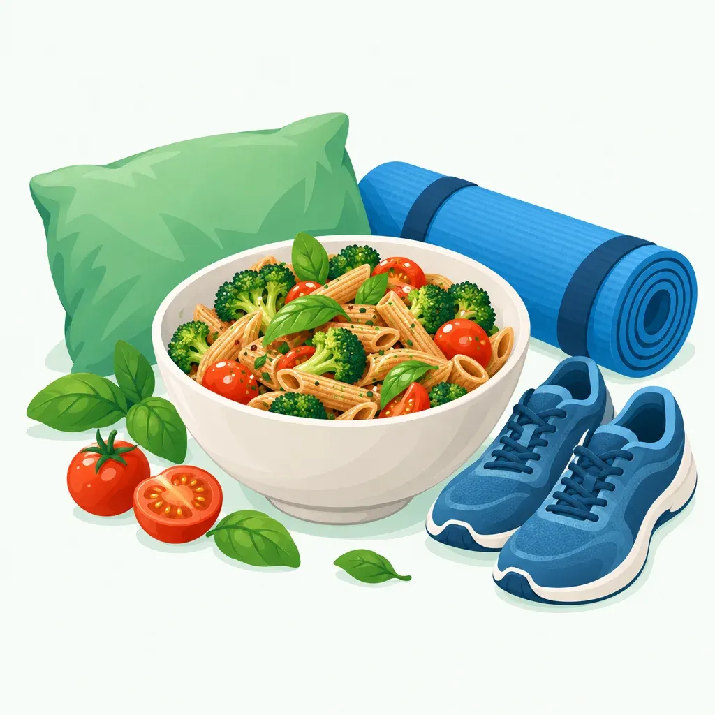 Kom volkorenpasta met broccoli en tomaten naast een servet en wandelschoenen