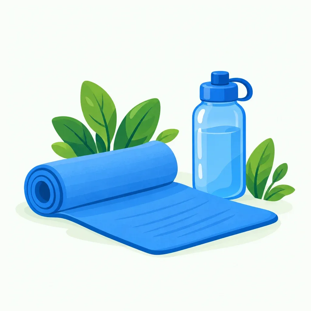 Blauwe yogamat deels uitgerold met waterfles en groene bladeren erachter