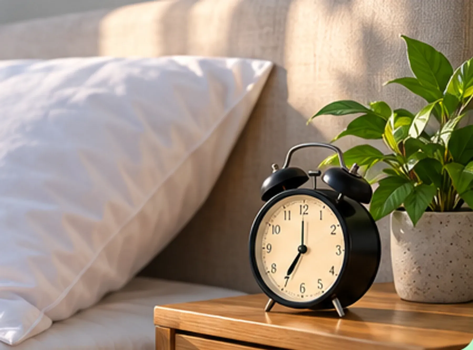 Wit beddengoed naast een wekker en een groene plant op een nachtkastje
