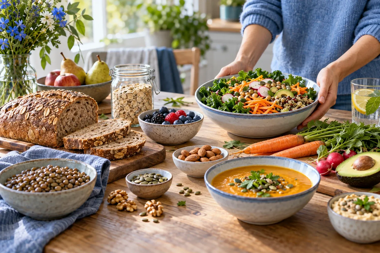 Vrouw zet kom met kale-, wortel- en quinoa salade tussen volkorenbrood en linzensoep op tafel