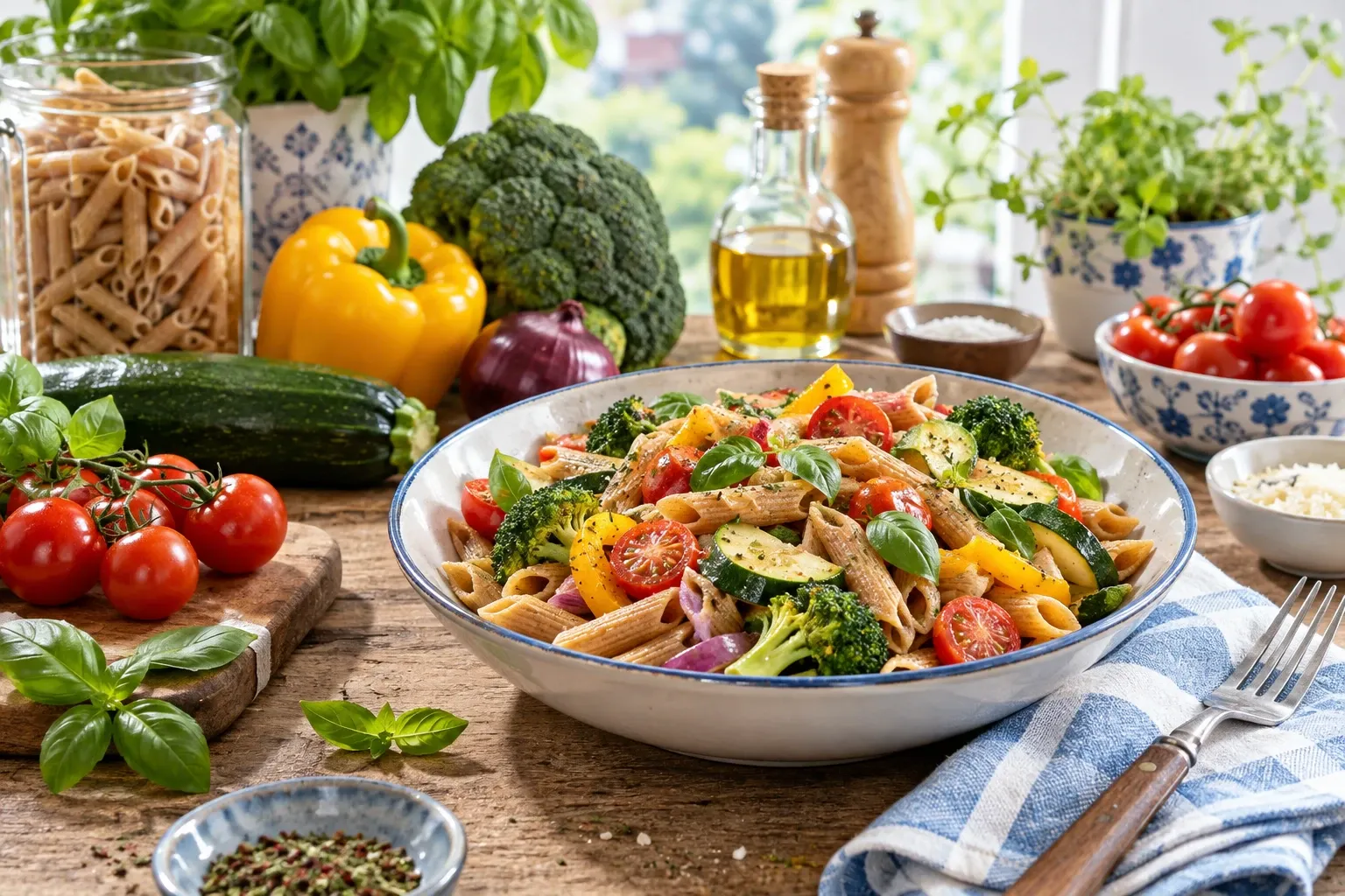 Kommetje volkoren penne met broccoli, cherrytomaatjes, paprika en basilicum