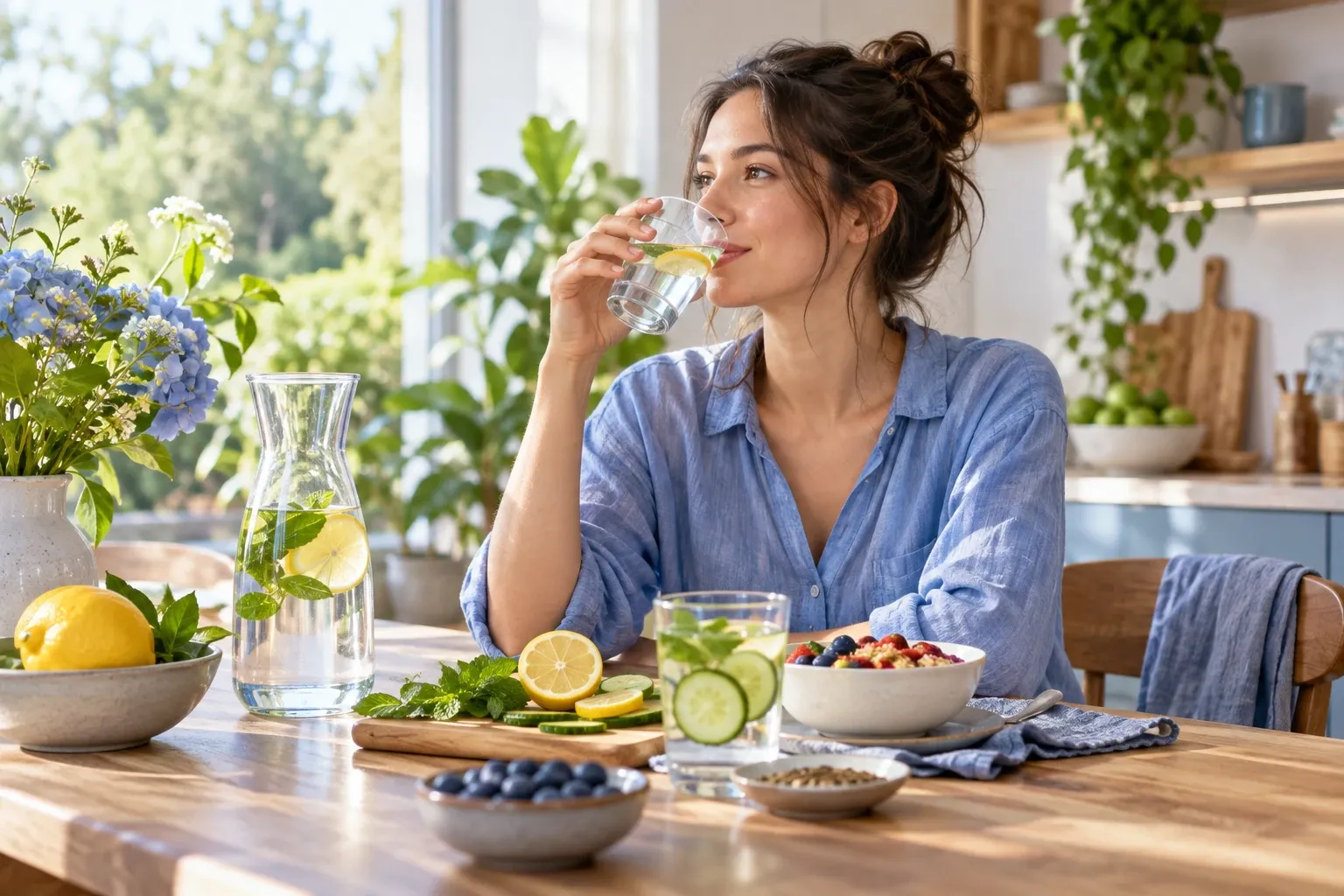 Vrouw drinkt glas water met citroen aan zonnige keukentafel vol fruit en karaf met infusie